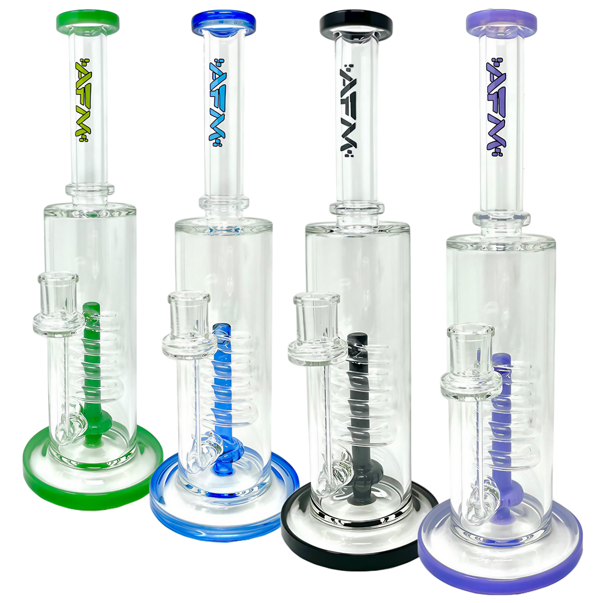 AFM Spiral Waterfall Rigs in various colors, clear borosilicate glass, 13" height, side view