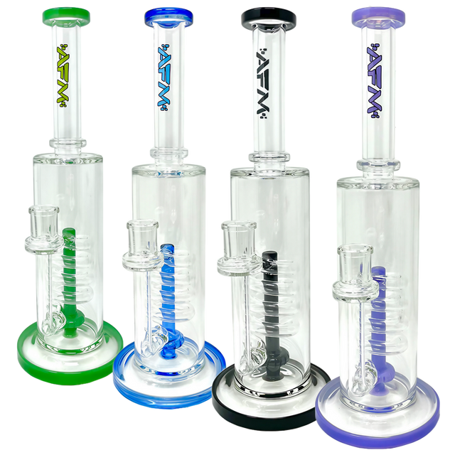 AFM Spiral Waterfall Rigs in various colors, clear borosilicate glass, 13" height, side view