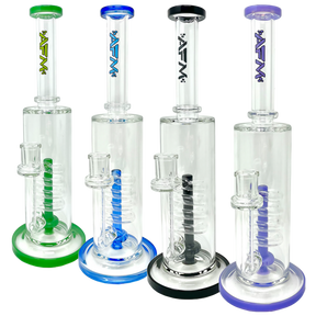 AFM Spiral Waterfall Rigs in various colors, clear borosilicate glass, 13" height, side view