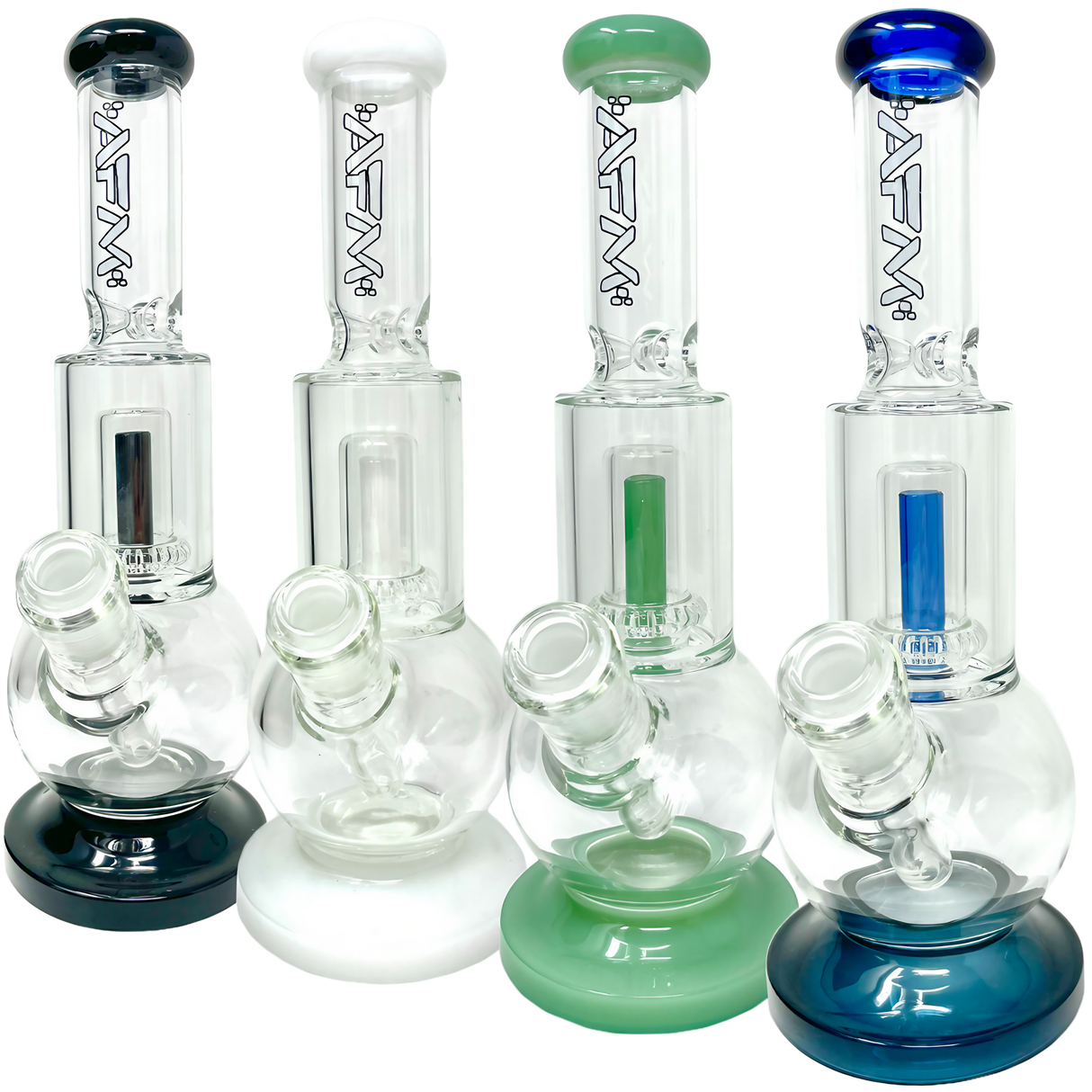 AFM The Bubble Bottom 10" bongs with showerhead percolators, in various colors, front view on white background