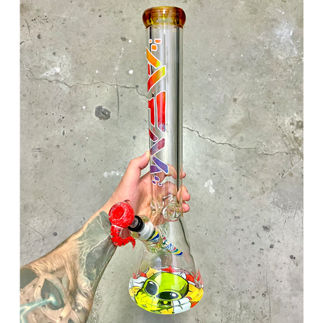 AFM The Color Blast 9mm Beaker Set - 18" held in hand, showcasing vibrant design and heavy wall glass