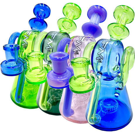 AFM Double Ram Recycler Dab Rigs in vibrant colors with clear borosilicate glass, 8" tall