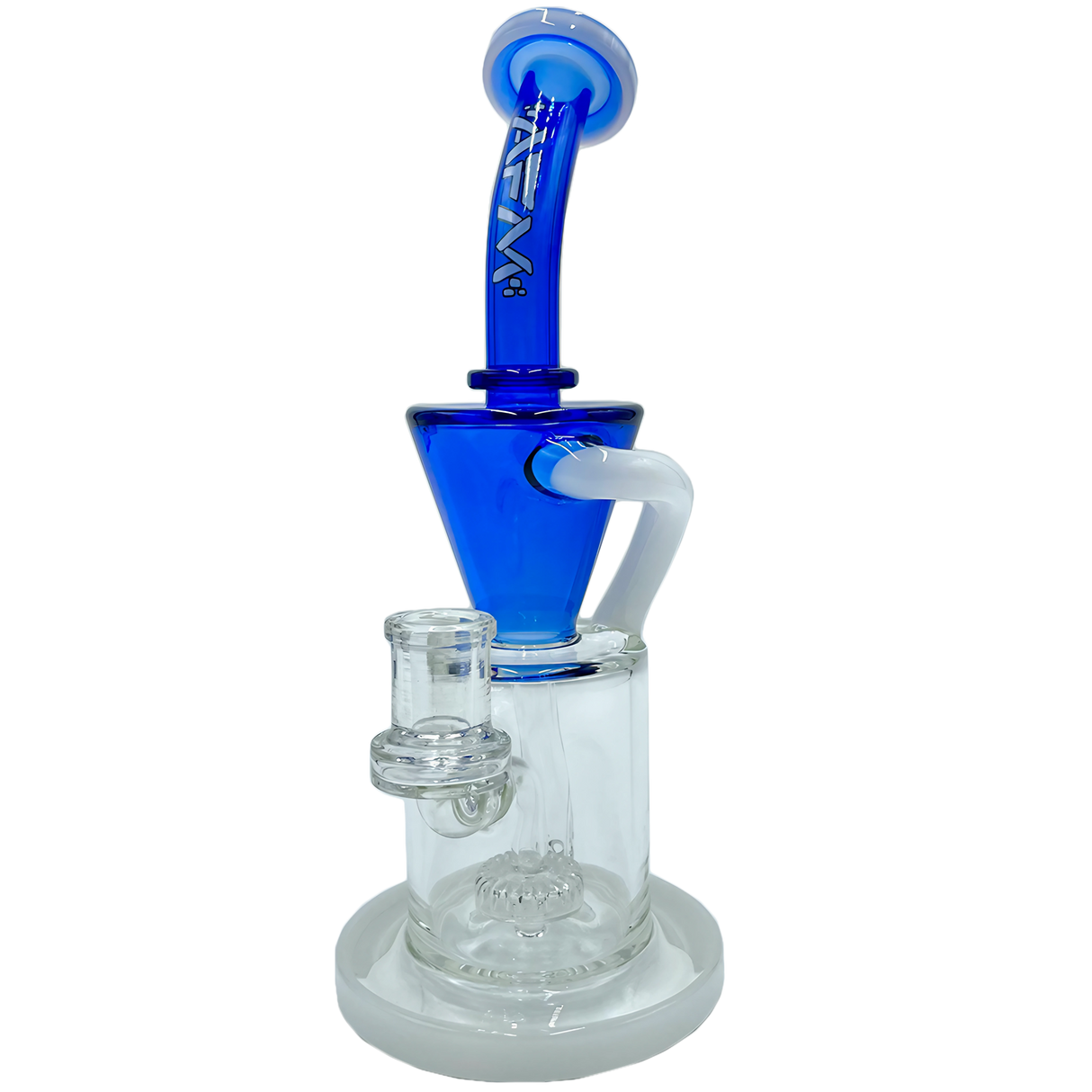 AFM The Drain Incycler in Blue/White - 10" Dab Rig with Showerhead Percolator, 90 Degree Joint, Side View