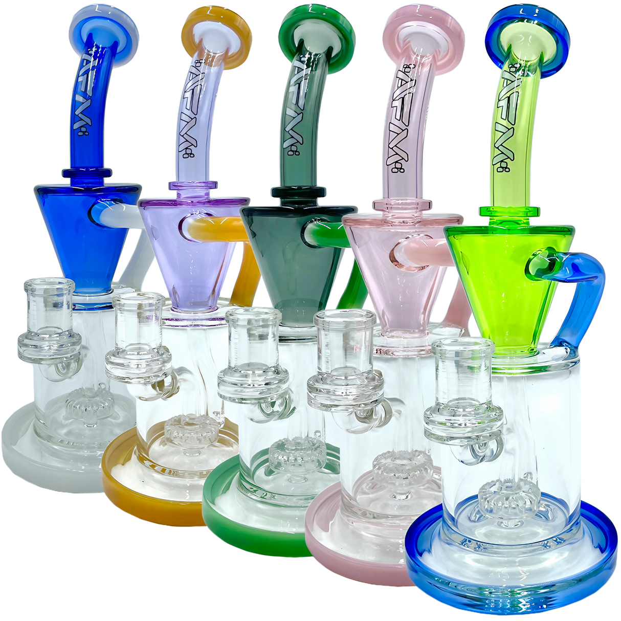 AFM The Drain Incycler Double Color Dab Rigs, 10" with Showerhead/UFO Percolator, Front View
