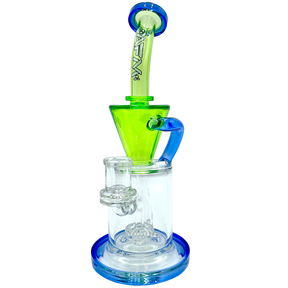 AFM The Drain Incycler Dab Rig in Lime/Blue, 10" with Showerhead Percolator, Front View on White