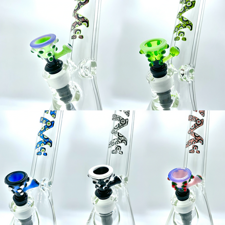 AFM The Evil Eye Beaker Set with six colorful bowl designs, 18" heavy wall borosilicate glass, for dry herbs
