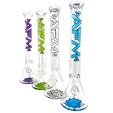 AFM The Flower Monkey 9mm Beaker Bongs in Clear with Colored Logos, 18" Height, Front View