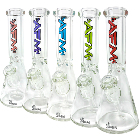 AFM The Heavy Boi 9mm Beaker Bongs in various colors, front view on white background