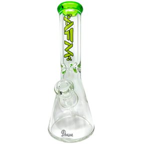 AFM The Heavy Boi Beaker Bong with Lime Colored Lip, 12" Tall, 9mm Thick Borosilicate Glass, Front View