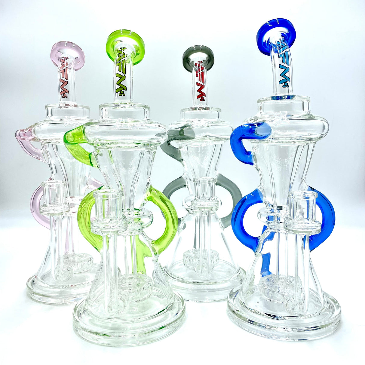 AFM The Looking Glass Recycler Dab Rigs in various colors with 90-degree joint and percolator design