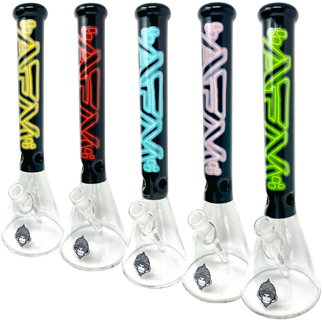 AFM The Neon Lights Beaker Bongs in Green, Red, Blue, Black, showcasing 16" height for dab rigs