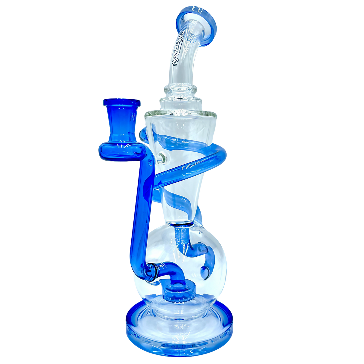 AFM The Swirly Wiry Recycler Dab Rig in Blue - 10.5" with Showerhead Percolator, Front View