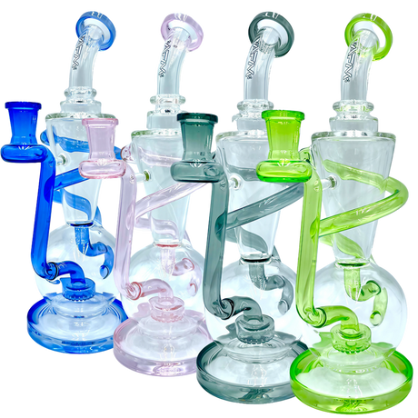 AFM The Swirly Wiry Recycler Dab Rigs in various colors with showerhead percolators