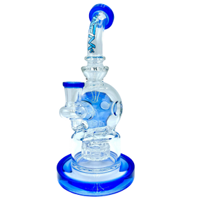 AFM The Swiss Shower-head Rig in Blue - 9" Glass Dab Rig with UFO Percolator, Front View
