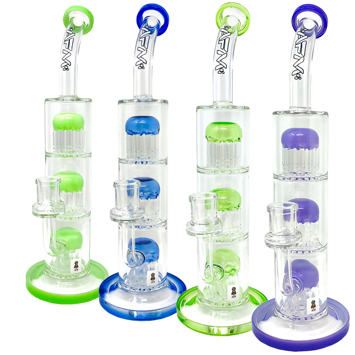 AFM The Third Arm 11.5" bongs with tree percolator, glass on glass joint, in green, blue, and purple variants