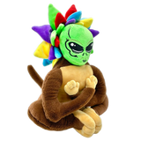 Plush toy of an alien hugging a tree, colorful design, perfect for quirky home decor
