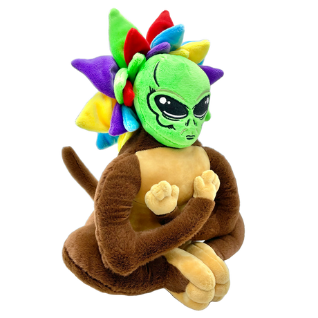 Plush toy of an alien hugging a tree, colorful design, perfect for quirky home decor