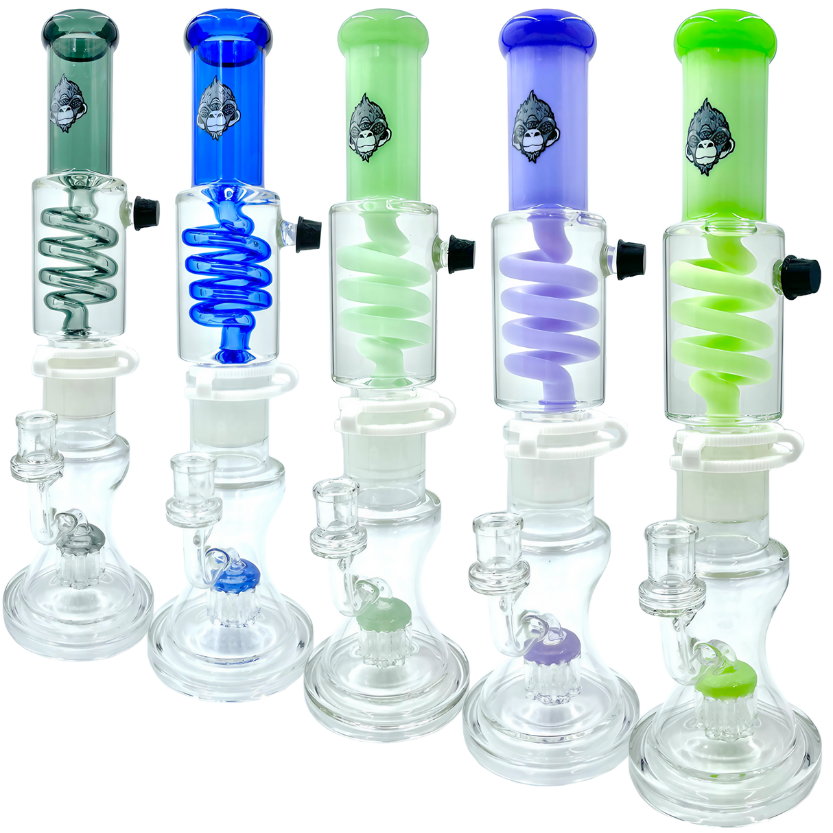 AFM Tree Perc Head Freezable Coil Bongs in various colors, 14" tall with clear straight design