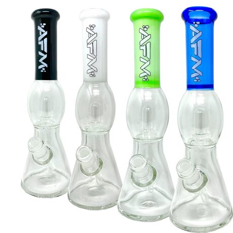 AFM The Ufo 12" Dab Rigs in beaker design with percolators, front view in black, white, green, blue colors