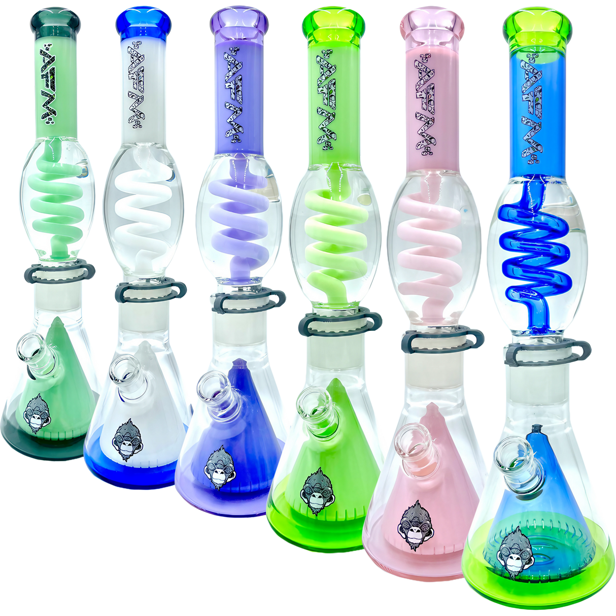 AFM The Ufo Pyramid Freezable Coil Set bongs in various colors with clear beaker bases, side view.