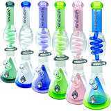 AFM The Ufo Pyramid Freezable Coil Set bongs in various colors with clear beaker bases, side view.