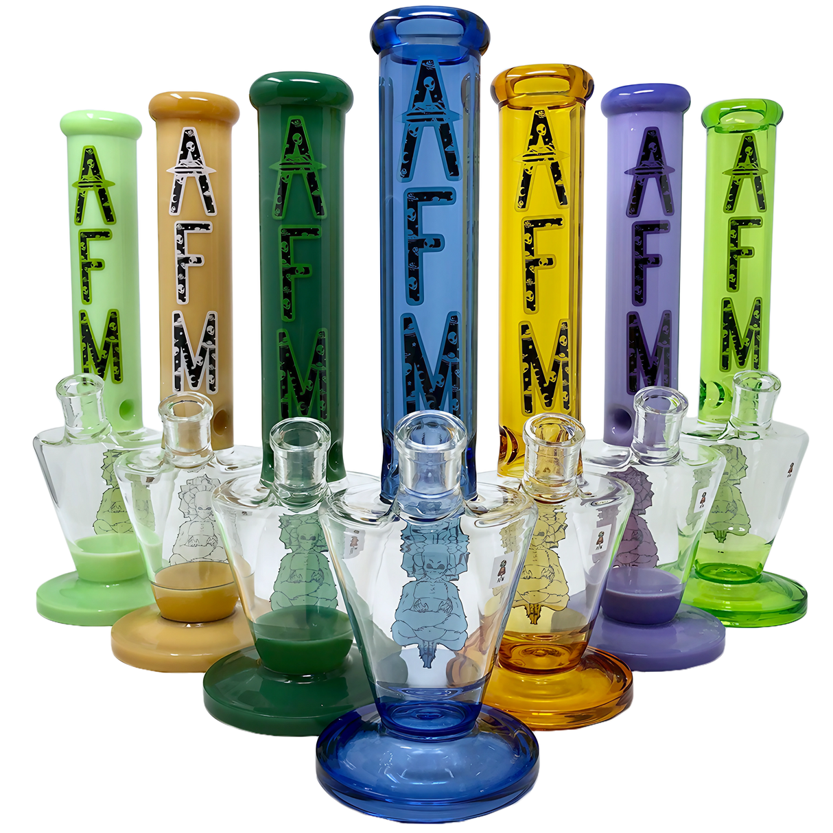 AFM Upsidedown Beaker Bongs in various colors, 14" tall, made of 9mm thick borosilicate glass, front view