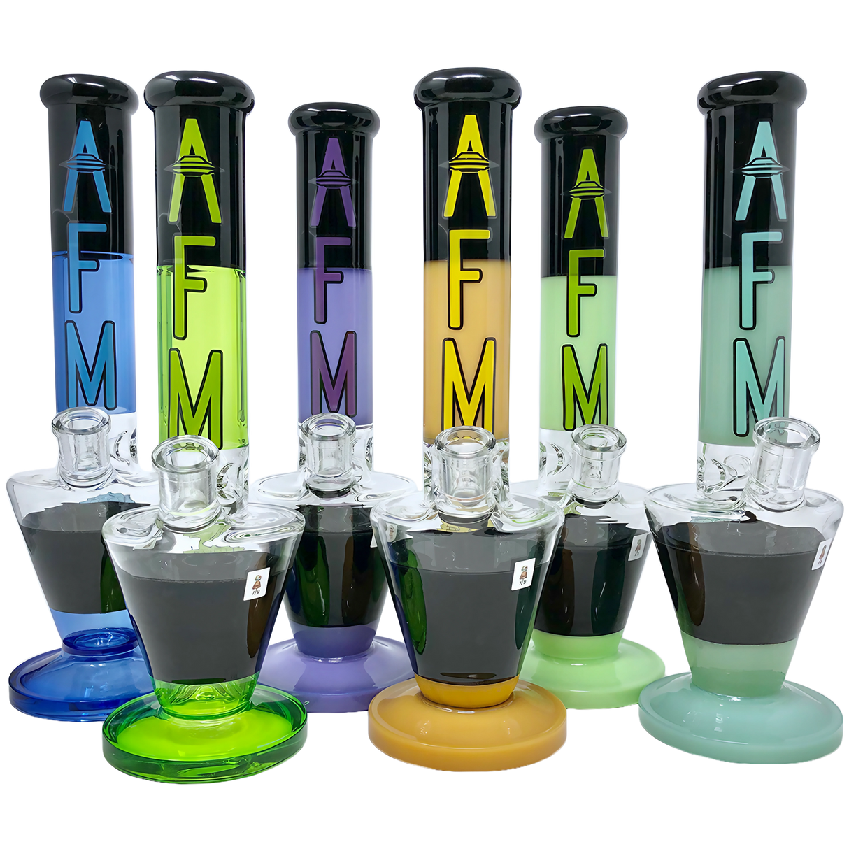 AFM Upsidedown Beaker Zebra Bongs in various colors, 18" tall, for dry herbs, front view