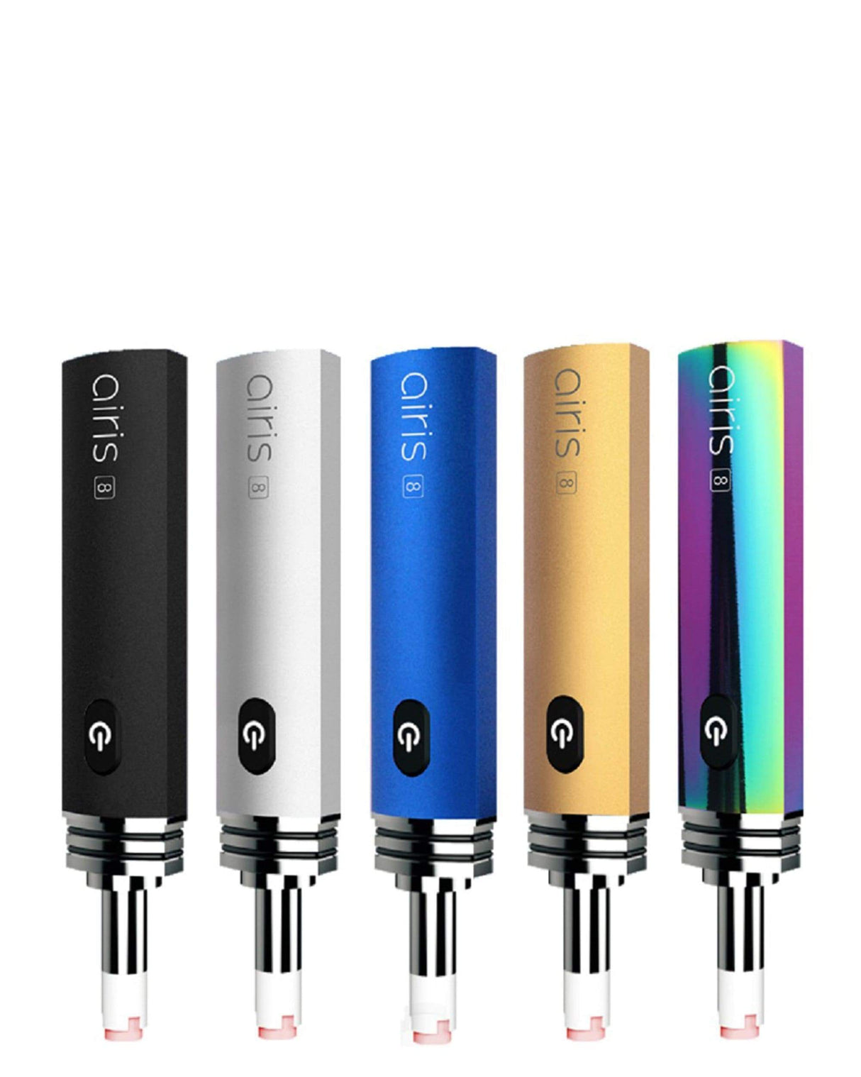 Airistech Airis 8 Dip N Dab vaporizers in black, silver, gold, blue, rainbow colors front view