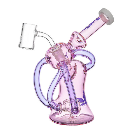 aLeaf Venus Quad Recycler Dab Rig in pink and purple, 9" tall with a 14mm female joint, front view