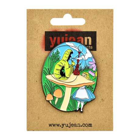 Yujean Alice & Smoking Caterpillar Enamel Pin, Multicolor, 2" Size, Front View