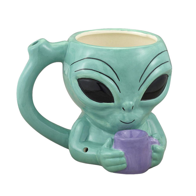 Green Alien Ceramic Pipe Mug front view, ideal novelty gift for dry herb enthusiasts