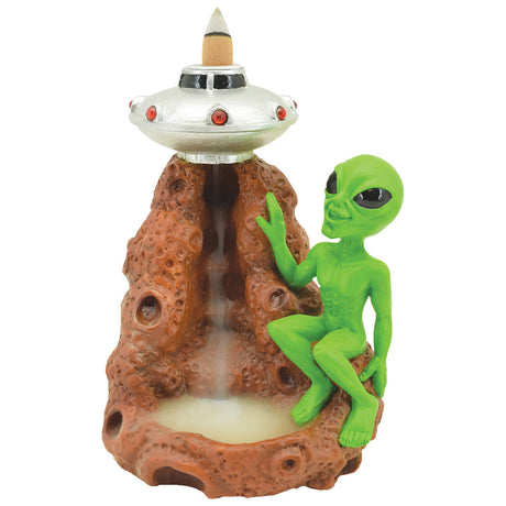 Alien and Spaceship Incense Burner, 6" Polyresin, Front View on White Background
