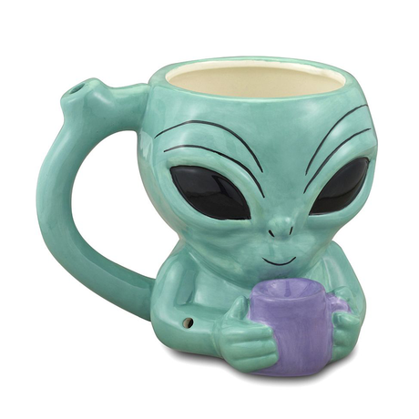 Fantasy Ceramic Mug Pipe in Alien design, front view, with a deep bowl for easy packing