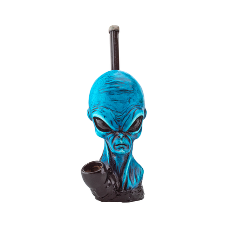 Medusa Customs Alien Head Carved Pipe - Front View on White Background