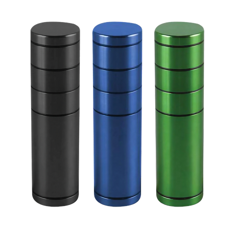 Aluminum All-In-One Dugout & Grinder with Storage in black, blue, and green, front view