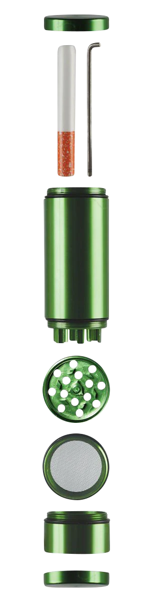 Green all-in-one aluminum dugout with grinder and storage, medium size, for dry herbs, front view