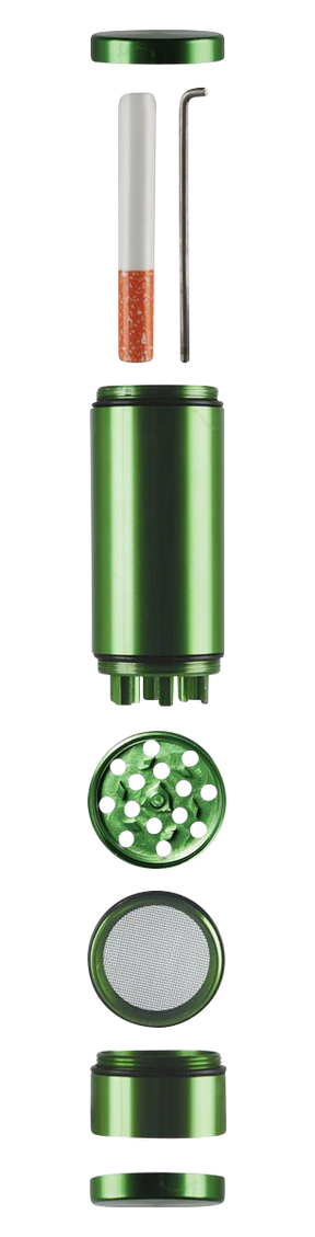 Green all-in-one aluminum dugout with grinder and storage, medium size, for dry herbs, front view
