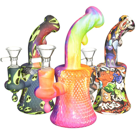 Assorted 6.5" Allover Graphic Silicone Water Pipes with 14mm Female Joint, perfect for dry herbs