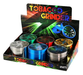 Assorted colors 6-pack of 4-part aluminum grinders for dry herbs, displayed in open box