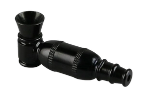 Compact black aluminum modular metal hand pipe for dry herbs, side view on white background