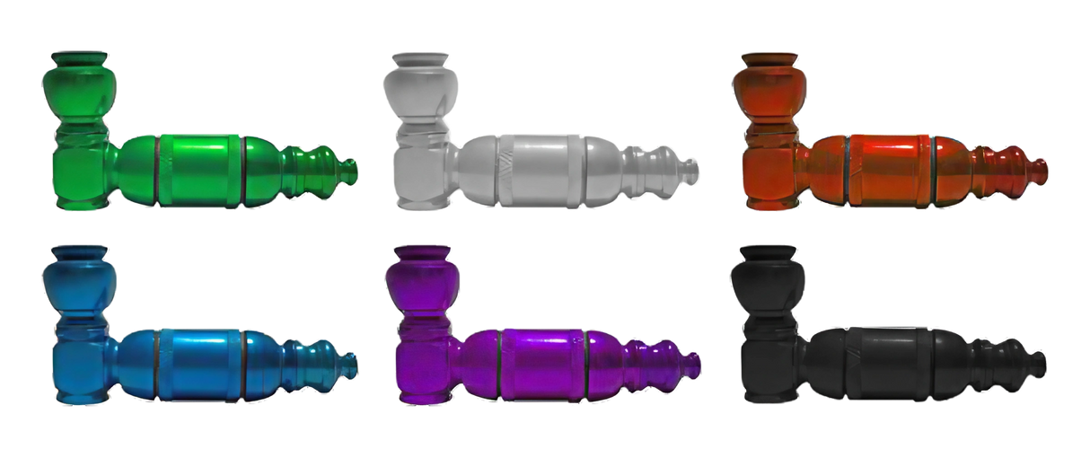 Assorted USA-made small aluminum pipes with lids for dry herbs, closable design, side view