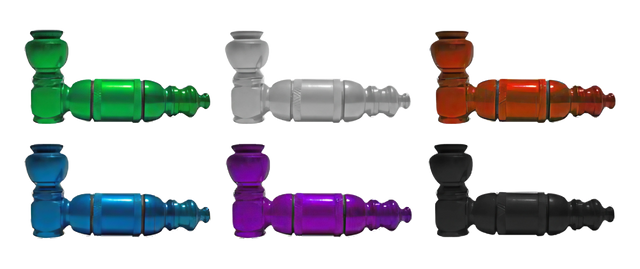 Assorted USA-made small aluminum pipes with lids for dry herbs, closable design, side view