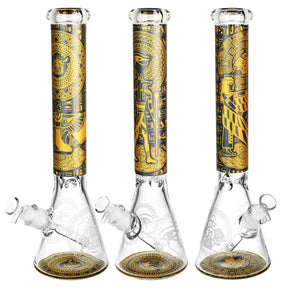Ancient Cultures Beaker Water Pipe, black and gold design, 15.5" tall, borosilicate glass, for dry herbs