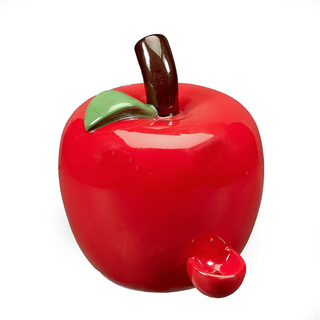 Fantasy Ceramic Novelty Pipe shaped like a red apple with green leaf detail, front view on white background