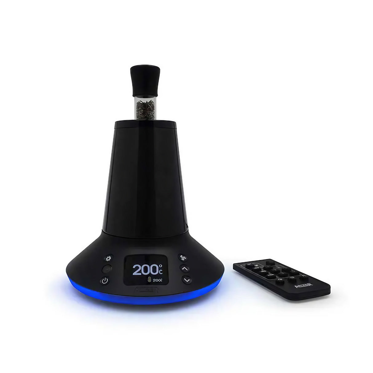 Arizer XQ2 Vaporizer front view with digital temperature display and remote control, for dry herbs