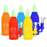 Colorful Asian Hot Sauce Silicone Water Pipes lineup, 6.5" tall with 14mm bowls, front view