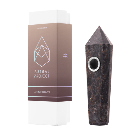 Astral Project Astrophyllite Gemstone Hand Pipe for Energy Balance - Side View with Box