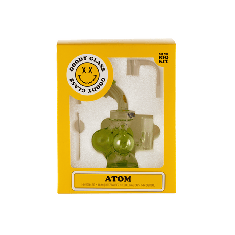 Goody Glass Atom Mini Dab Rig Kit in green, front view with packaging, compact for easy travel