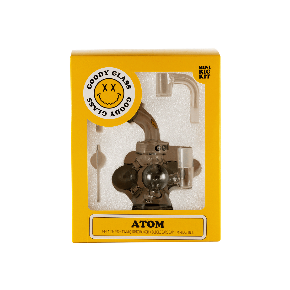Goody Glass Atom Mini Dab Rig Kit front view with accessories in branded packaging
