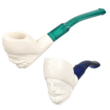 Authentic Hand Carved Pirate Meerschaum Pipe with Intricate Details - Top and Side View